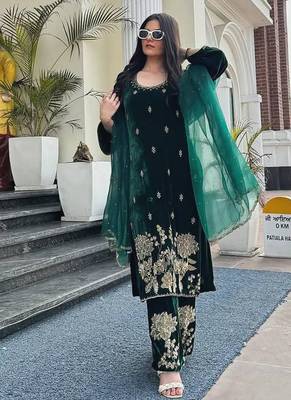 Green festive wear designer pure heavy viscose velvet heavy embroidery coding sequence work readymade suit 2