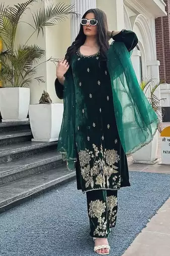 Green festive wear designer pure heavy viscose velvet heavy embroidery coding sequence work readymade suit