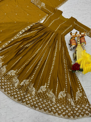 Yellow festive wear designer star georgette heavy 7mm sequence embroidery work readymade suit 4