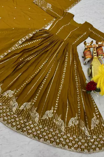 Yellow festive wear designer star georgette heavy 7mm sequence embroidery work readymade suit