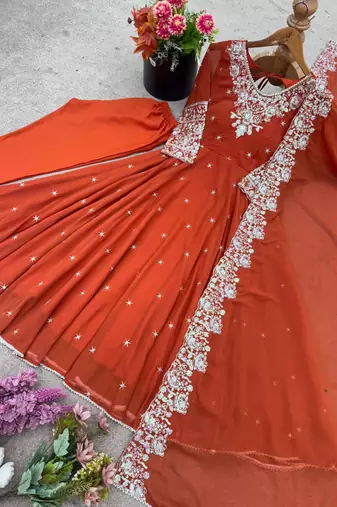 Orange festive wear designer heavy blooming faux georgette heavy embroidery sequence moti work readymade suit
