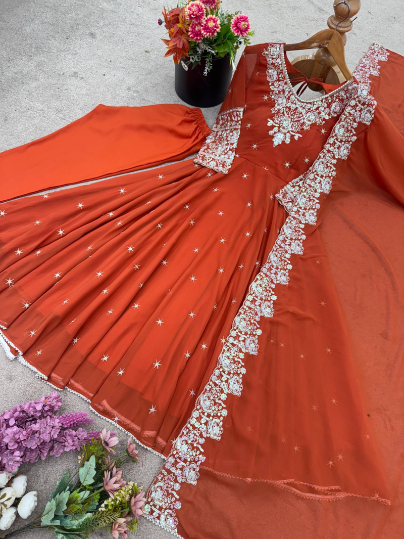 Orange festive wear designer heavy blooming faux georgette heavy embroidery sequence moti work readymade suit