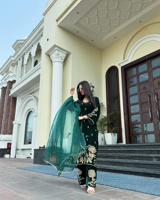 Green festive wear designer pure heavy viscose velvet heavy embroidery coding sequence work readymade suit 3
