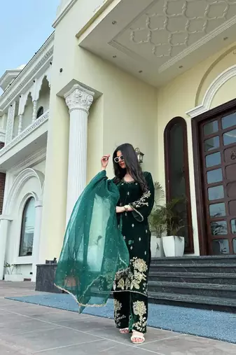 Green festive wear designer pure heavy viscose velvet heavy embroidery coding sequence work readymade suit