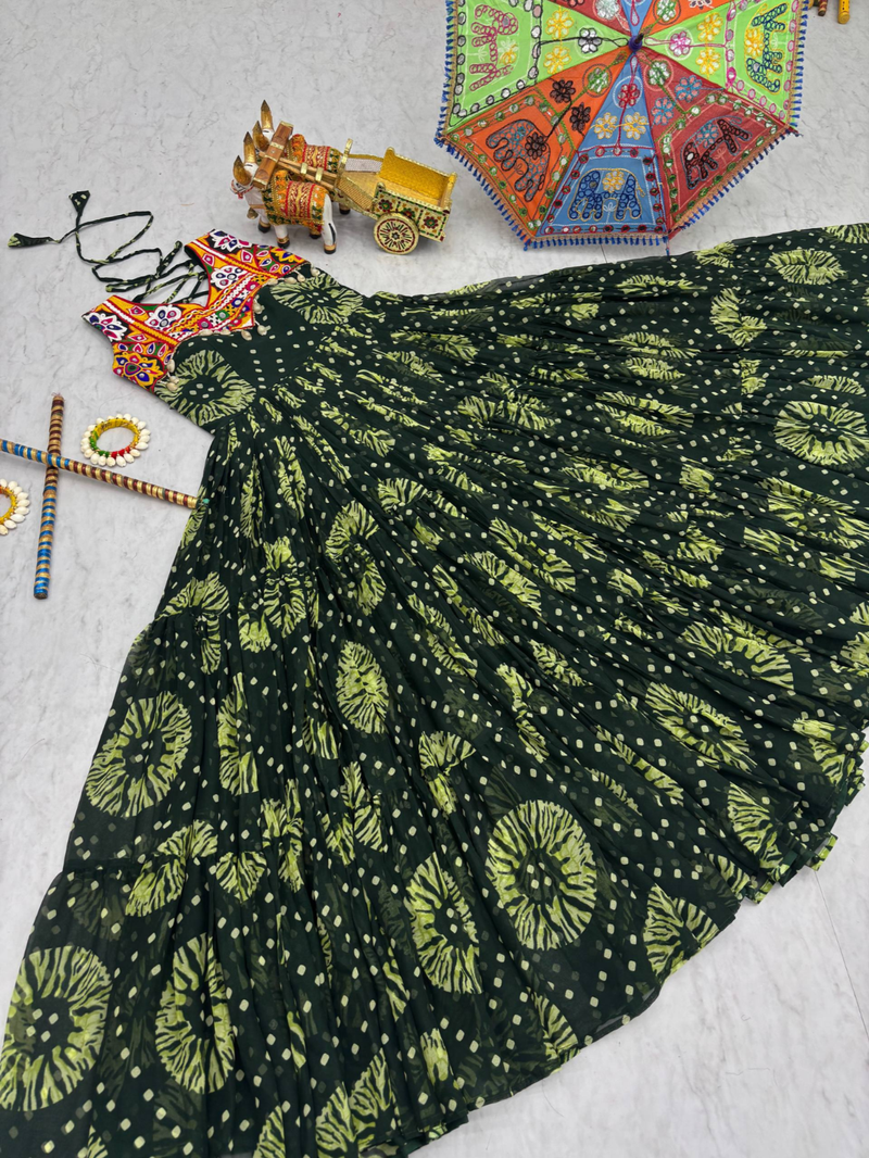 Green festive wear designer faux georgette gamathi work with real mirror with original codi lece readymade suit