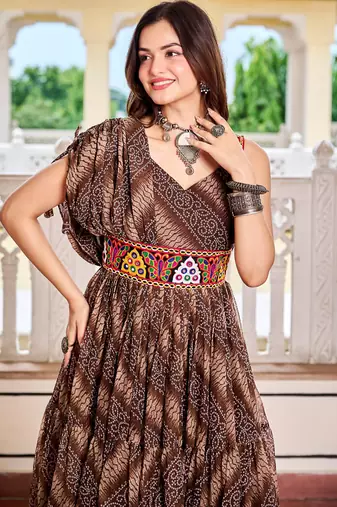 Brown festive wear designer bandhni print in faux georgette gamathi work with real mirror work readymade suit