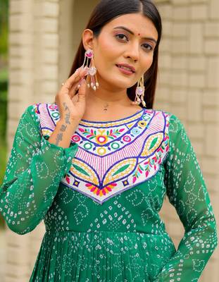 Green festive wear designer faux georgette embroidery thread work with real mirror work readymade suit 4