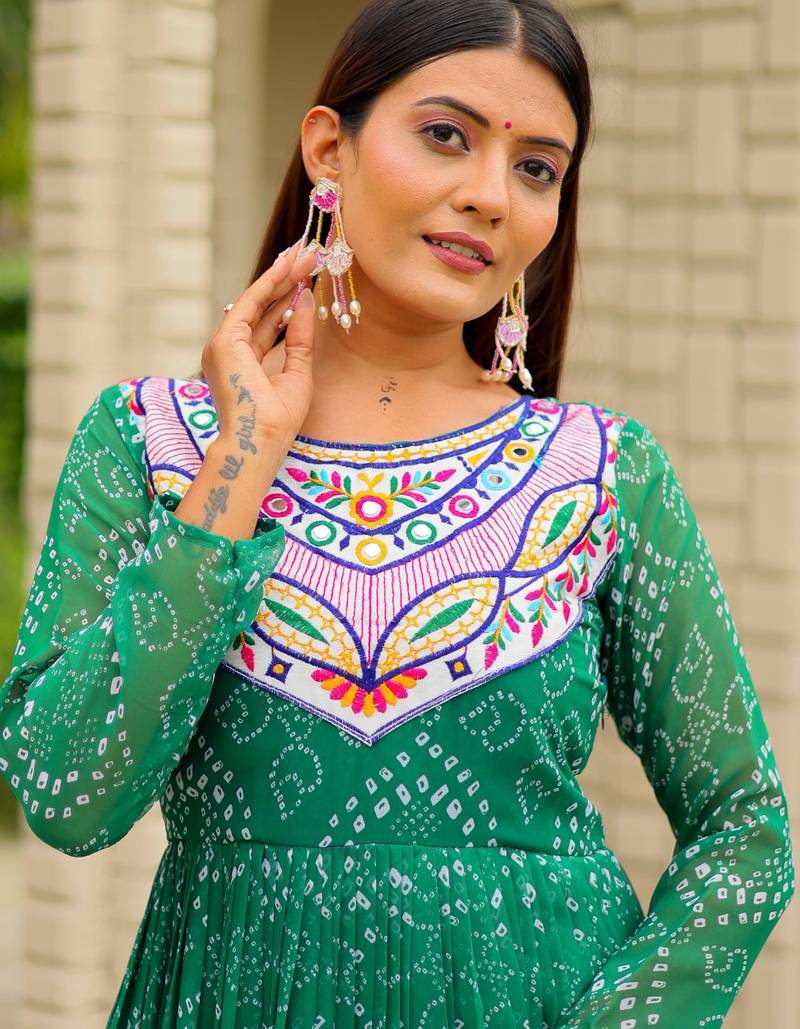 Green festive wear designer faux georgette embroidery thread work with real mirror work readymade suit