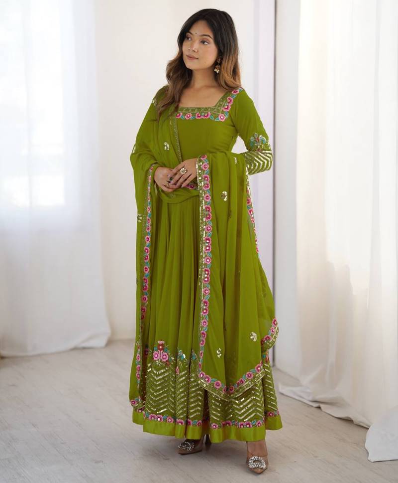 Green festive wear designer heavy georgette heavy multi thread 5mm embroidery sequence work readymade suit