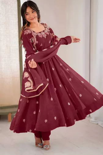 Maroon festive wear designer crunchy silk embroidery sequence work readymade suit