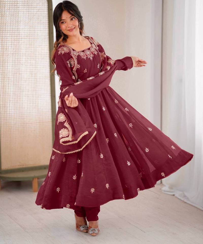 Maroon festive wear designer crunchy silk embroidery sequence work readymade suit