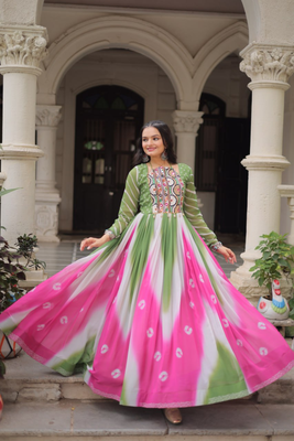 Multi festive wear designer faux georgette bandhej  embroidery mirror work readymade suit 2
