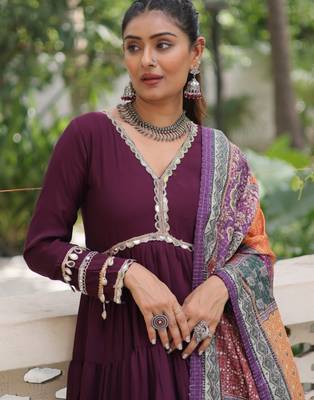 Wine festive wear designer roman mirror lace & dori jal lace work readymade suit 4