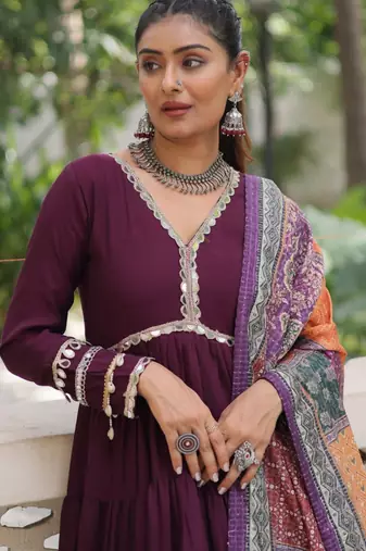 Wine festive wear designer roman mirror lace & dori jal lace work readymade suit