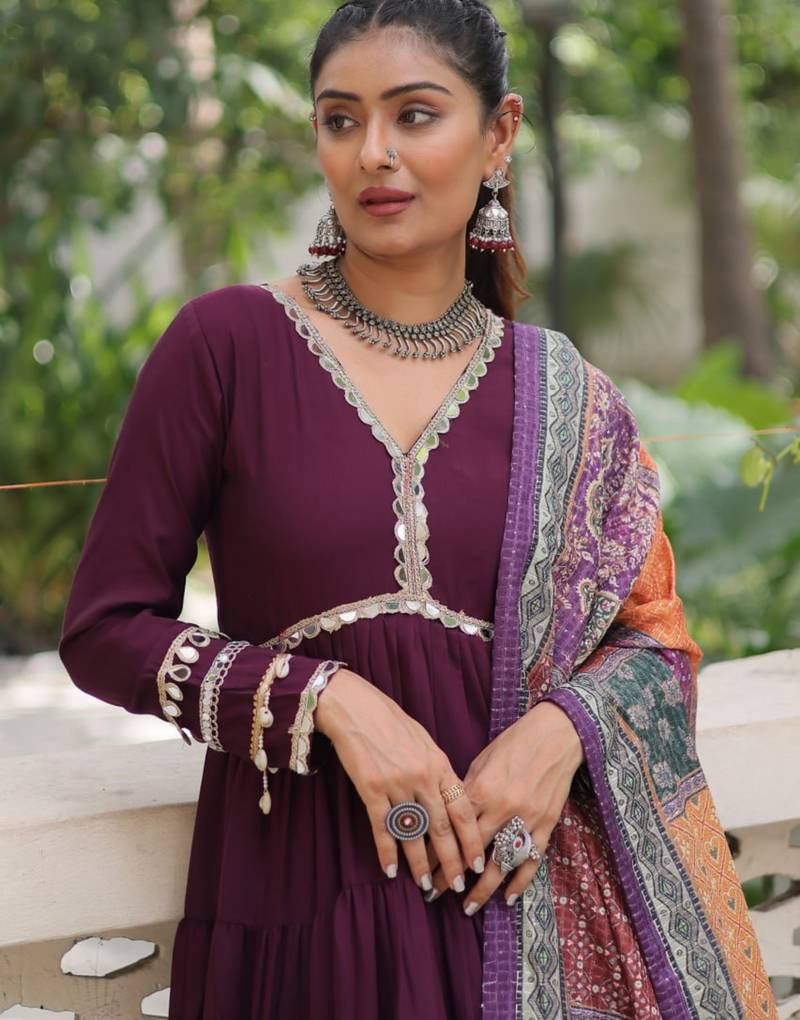 Wine festive wear designer roman mirror lace & dori jal lace work readymade suit