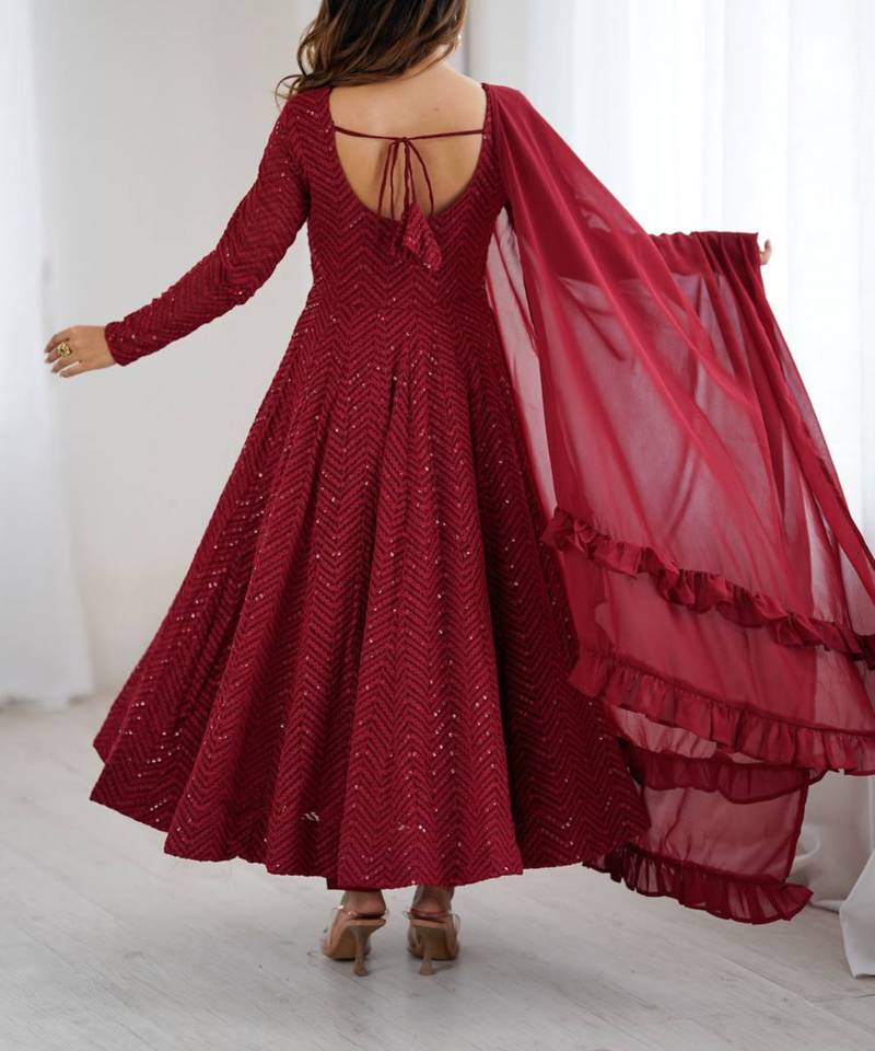 Maroon festive wear designer pure soft faux georgette lukhnowi sequence work readymade suit