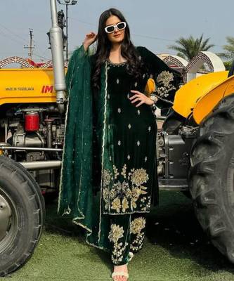 Green festive wear designer pure heavy viscose velvet heavy embroidery coding sequence work readymade suit 4
