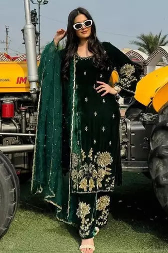 Green festive wear designer pure heavy viscose velvet heavy embroidery coding sequence work readymade suit