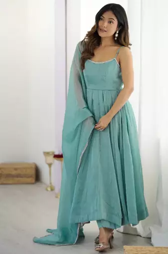 Sky blue festive wear designer crunchy silk  readymade suit
