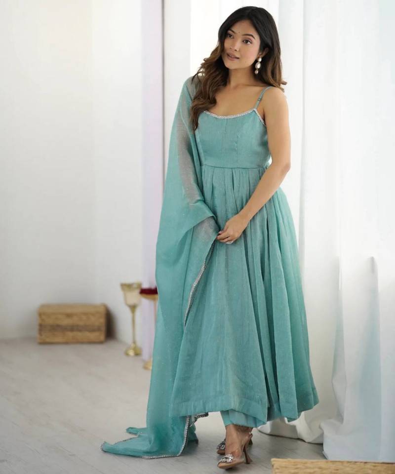 Sky blue festive wear designer crunchy silk  readymade suit