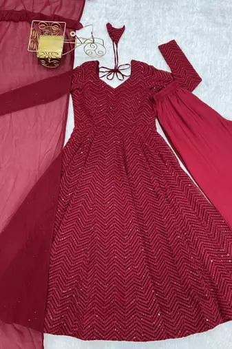 Maroon festive wear designer pure soft faux georgette lukhnowi sequence work readymade suit