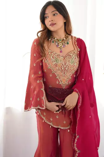 Pink festive wear designer heavy simar silk embroidery work readymade suit