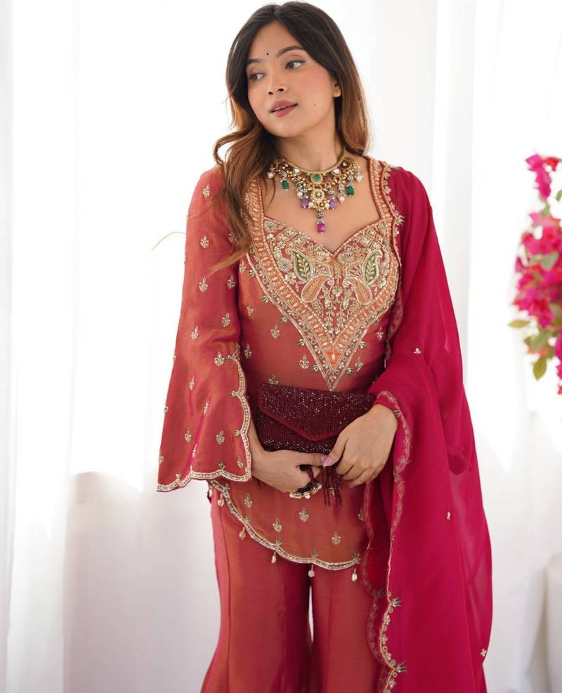 Pink festive wear designer heavy simar silk embroidery work readymade suit