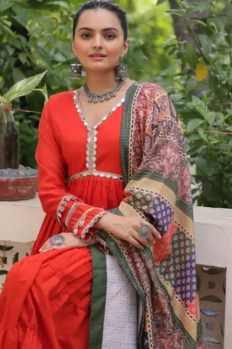 Orange festive wear designer roman mirror lace & dori jal lace work readymade suit