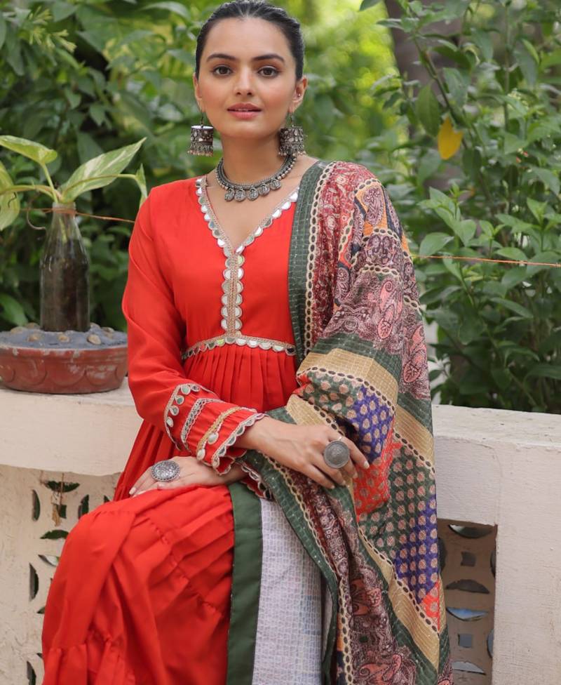 Orange festive wear designer roman mirror lace & dori jal lace work readymade suit