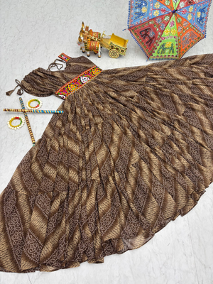 Brown festive wear designer bandhni print in faux georgette gamathi work with real mirror work readymade suit 4
