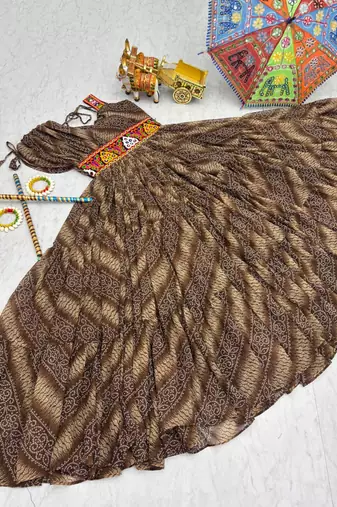 Brown festive wear designer bandhni print in faux georgette gamathi work with real mirror work readymade suit