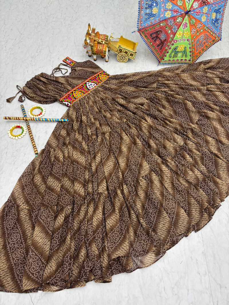 Brown festive wear designer bandhni print in faux georgette gamathi work with real mirror work readymade suit