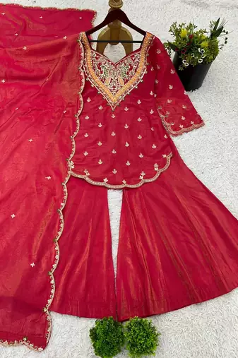 Pink festive wear designer heavy simar silk embroidery work readymade suit