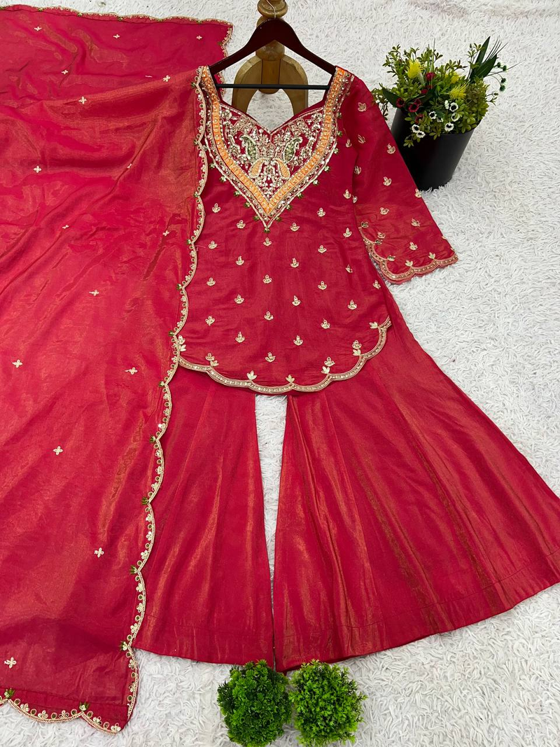 Pink festive wear designer heavy simar silk embroidery work readymade suit