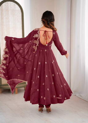 Maroon festive wear designer crunchy silk embroidery sequence work readymade suit 3