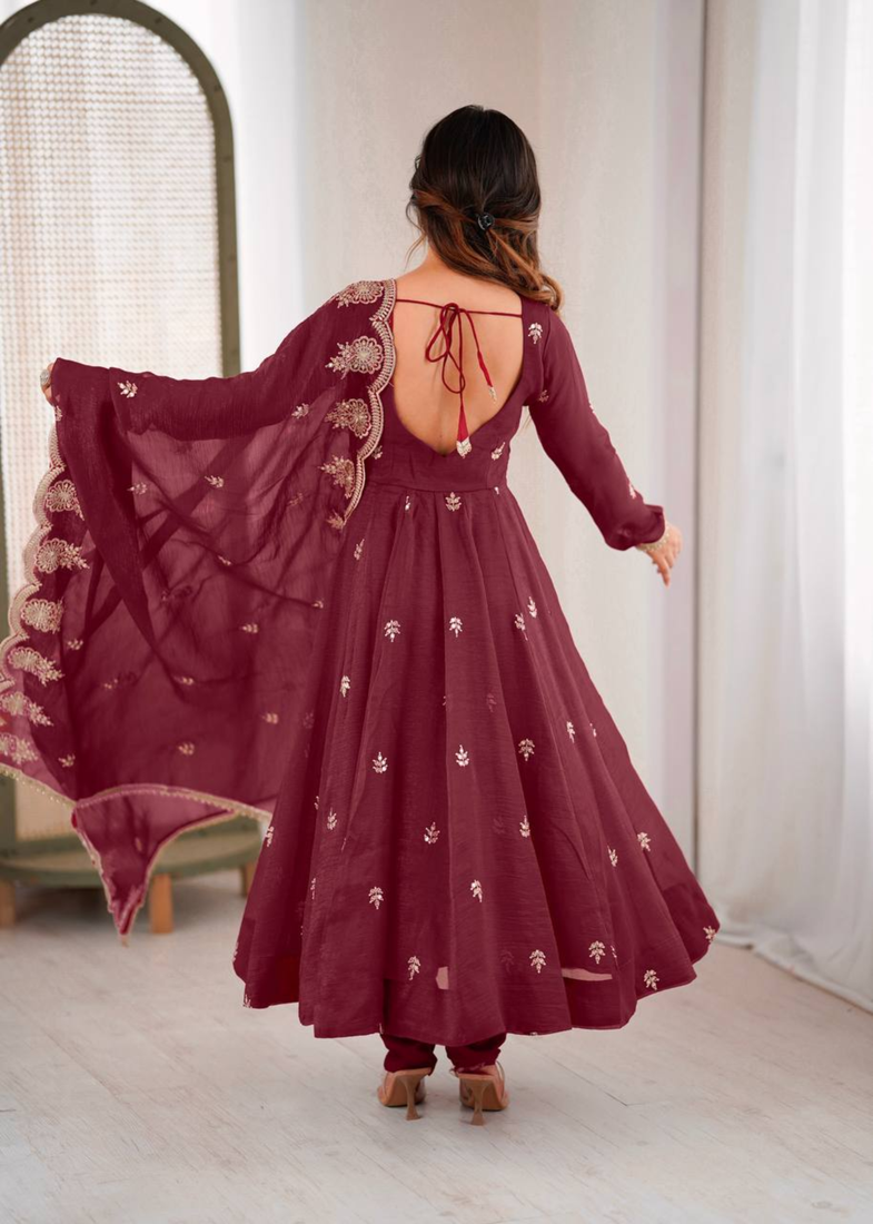 Maroon festive wear designer crunchy silk embroidery sequence work readymade suit