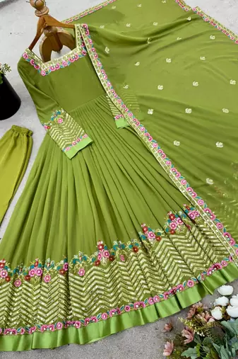 Green festive wear designer heavy georgette heavy multi thread 5mm embroidery sequence work readymade suit