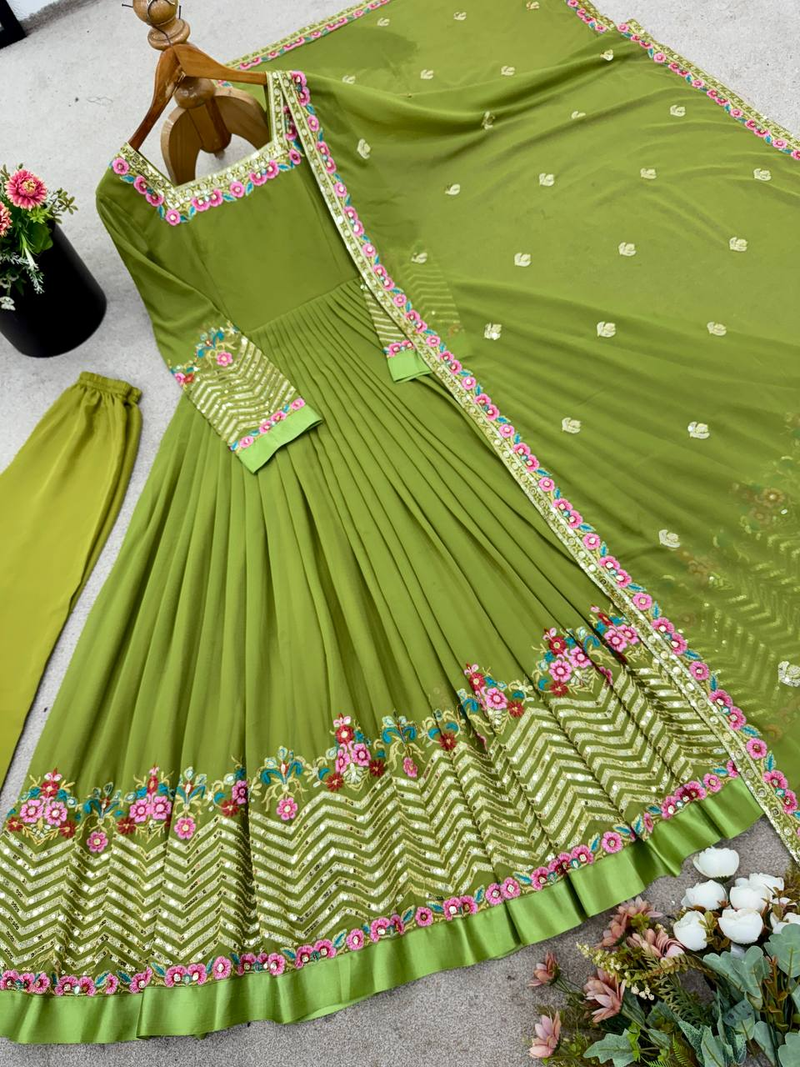 Green festive wear designer heavy georgette heavy multi thread 5mm embroidery sequence work readymade suit