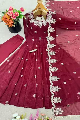 Maroon festive wear designer crunchy silk embroidery sequence work readymade suit