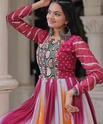 Multi festive wear designer faux georgette bandhej  embroidery mirror work readymade suit 4