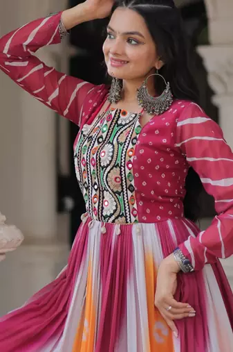 Multi festive wear designer faux georgette bandhej  embroidery mirror work readymade suit
