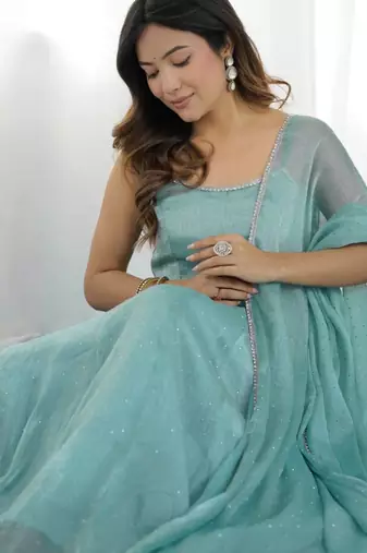 Sky blue festive wear designer crunchy silk  readymade suit