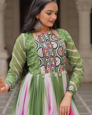 Multi festive wear designer faux georgette bandhej  embroidery mirror work readymade suit 4