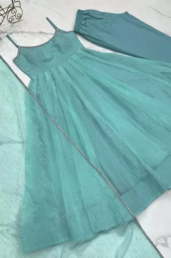 Sky blue festive wear designer crunchy silk  readymade suit