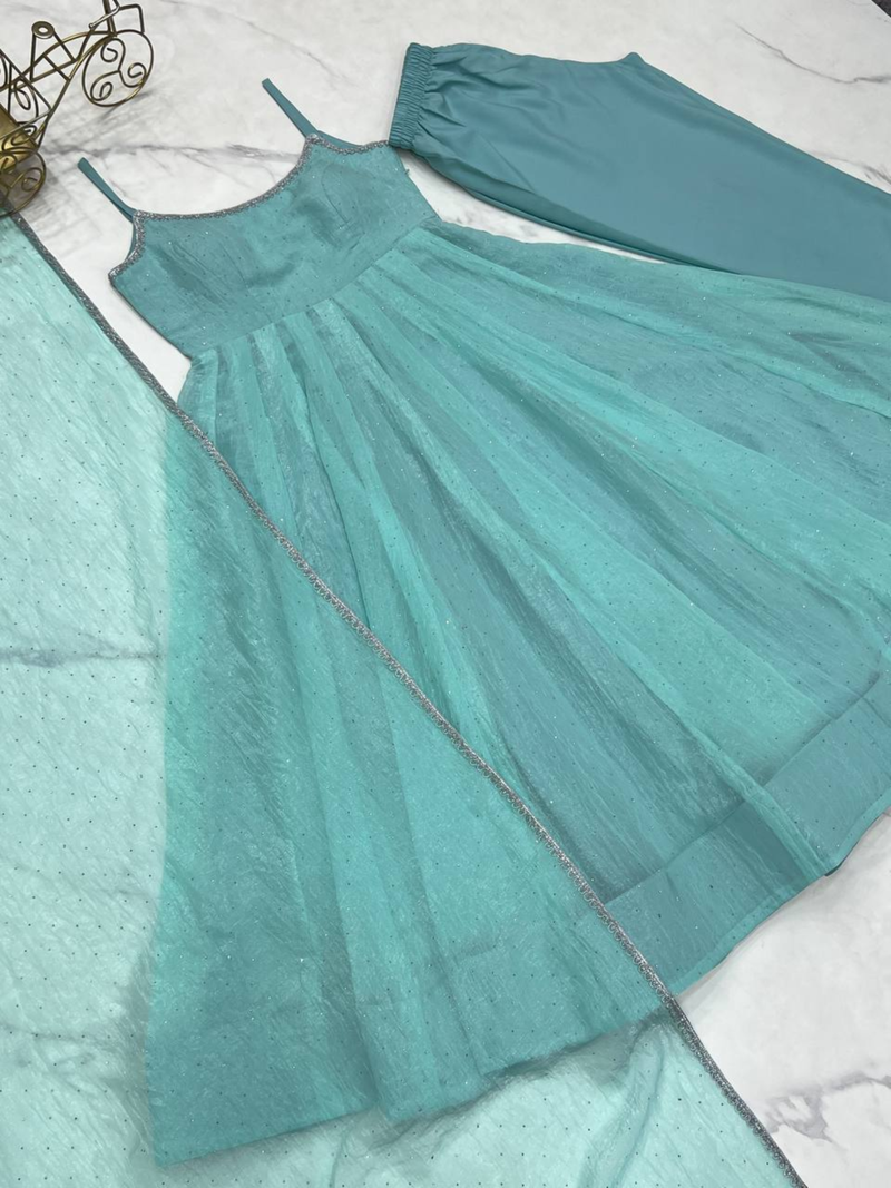 Sky blue festive wear designer crunchy silk  readymade suit