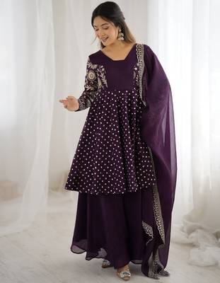 Wine festive wear designer crunchy silk embroidery sequence work readymade suit 1