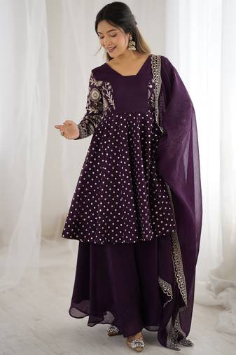 Wine festive wear designer crunchy silk embroidery sequence work readymade suit