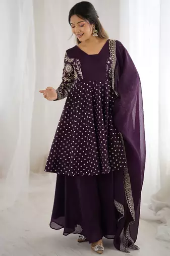 Wine festive wear designer crunchy silk embroidery sequence work readymade suit