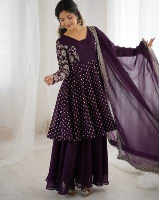 Wine festive wear designer crunchy silk embroidery sequence work readymade suit 2