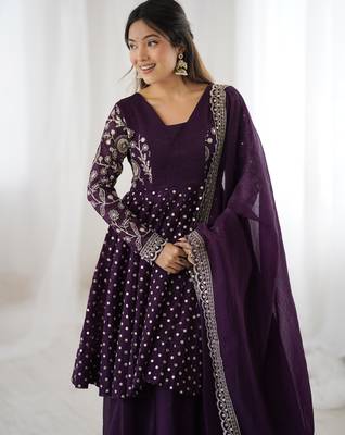 Wine festive wear designer crunchy silk embroidery sequence work readymade suit 3